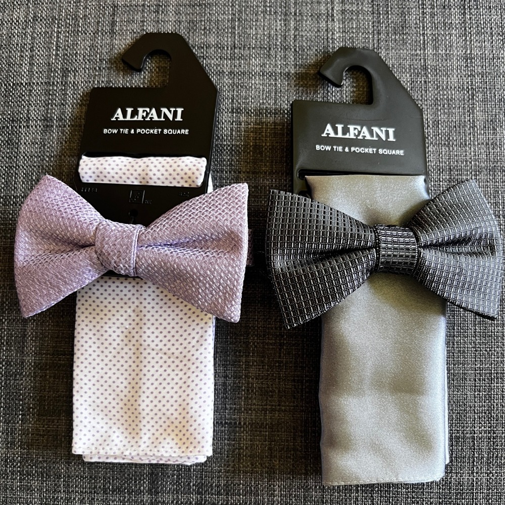 Alfani Bow Tie & Pocket Square Set‎ Menswear Formal Gift Purple Gray NWT 0326
